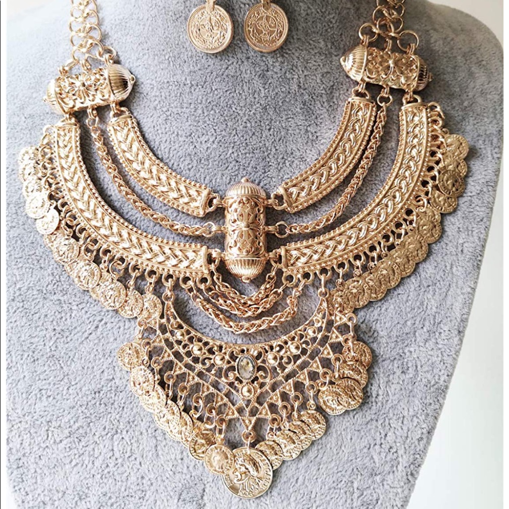 [Gold] Exotic New Statement Bib Cleopatra Coin Necklace+Earring Set